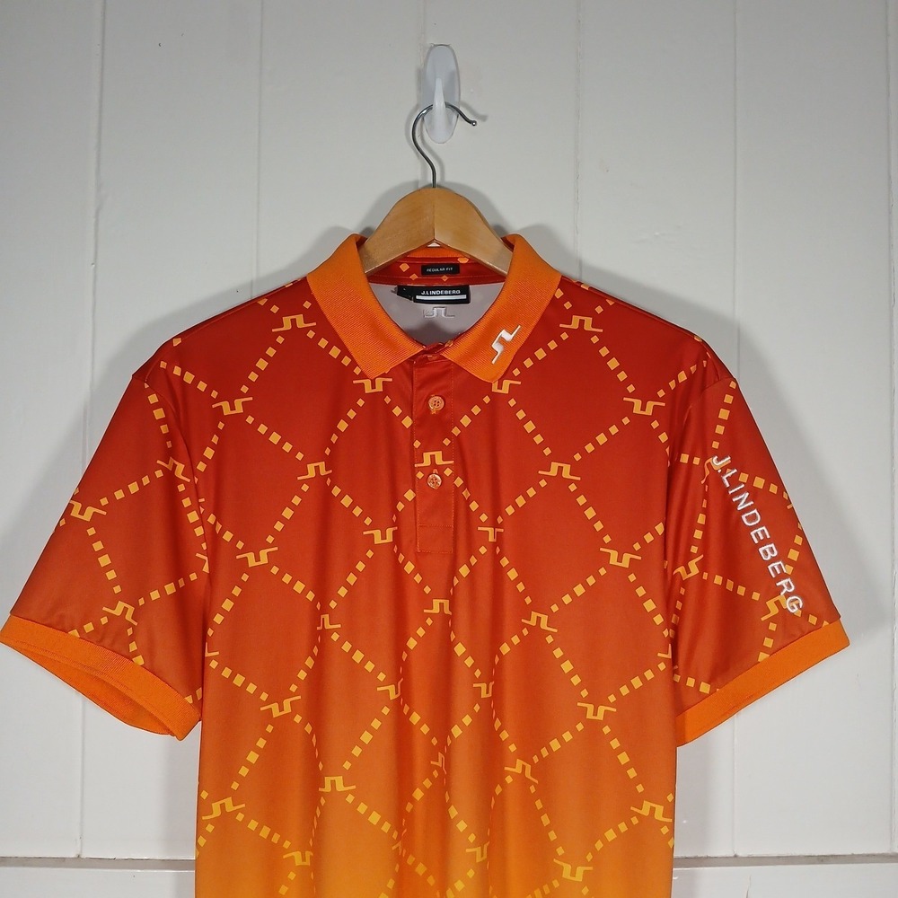 J.Lindeberg Polo Shirt Mens L Orange Tour Tech Print GMJT07644 Golf Gradient